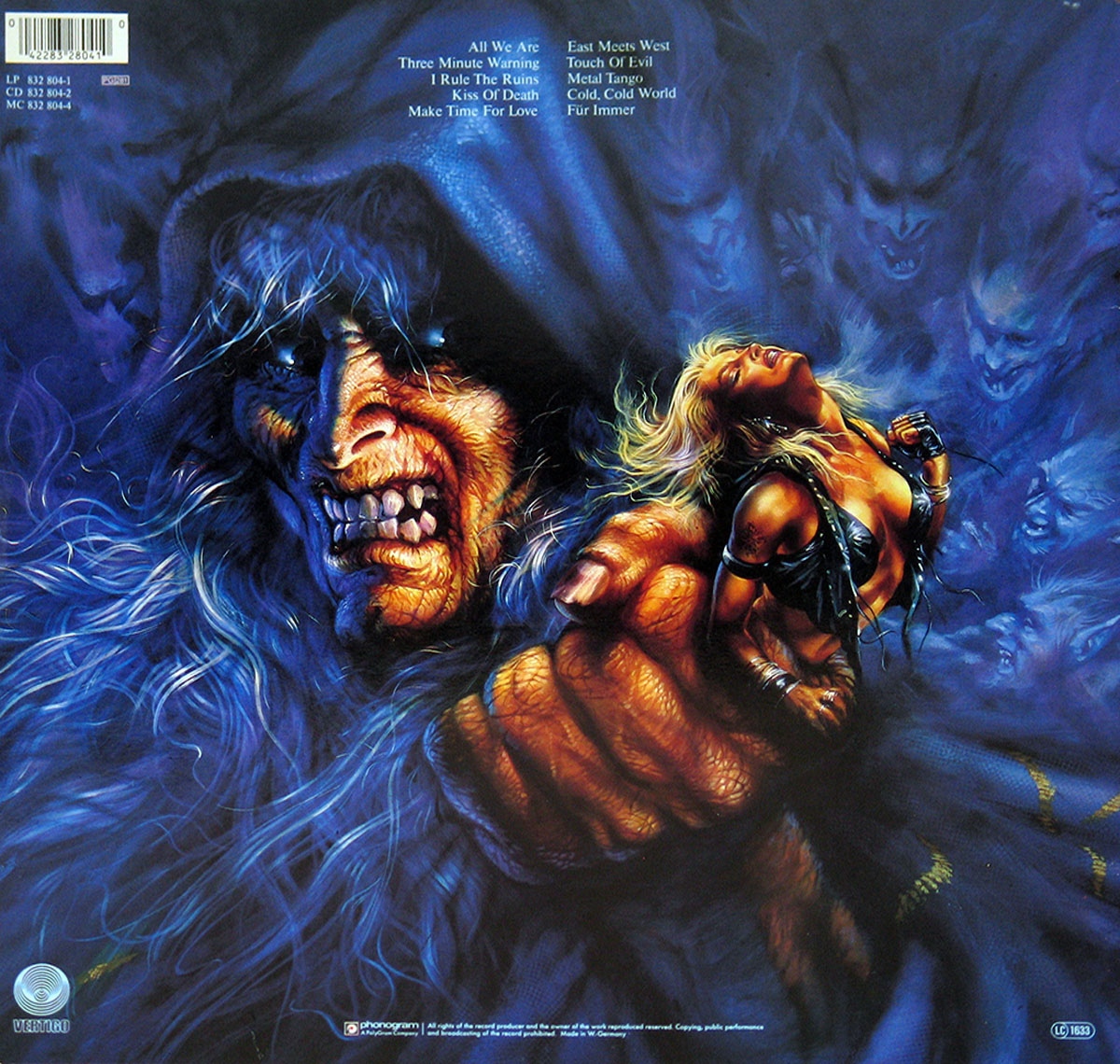 Back cover of Warlock's 'Triumph and Agony' featuring a monstrous sorcerer with decayed teeth and glowing eyes, gripping a blonde warrior woman in black leather, as ghostly demonic faces swirl in the blue-hued darkness.